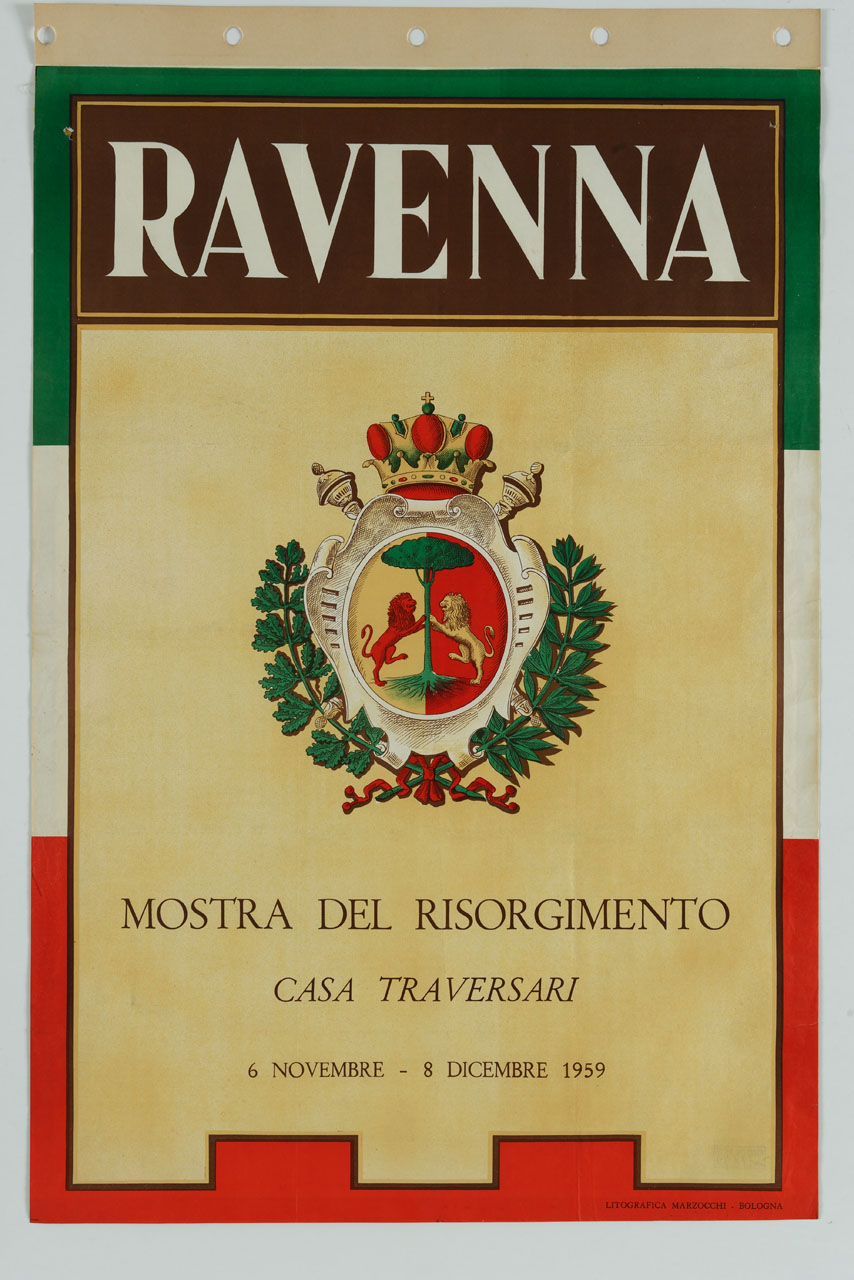gonfalone con stemma della città di Ravenna al centro di una cornice con sfondo tricolore (manifesto) - ambito emiliano-romagnolo (sec. XX)