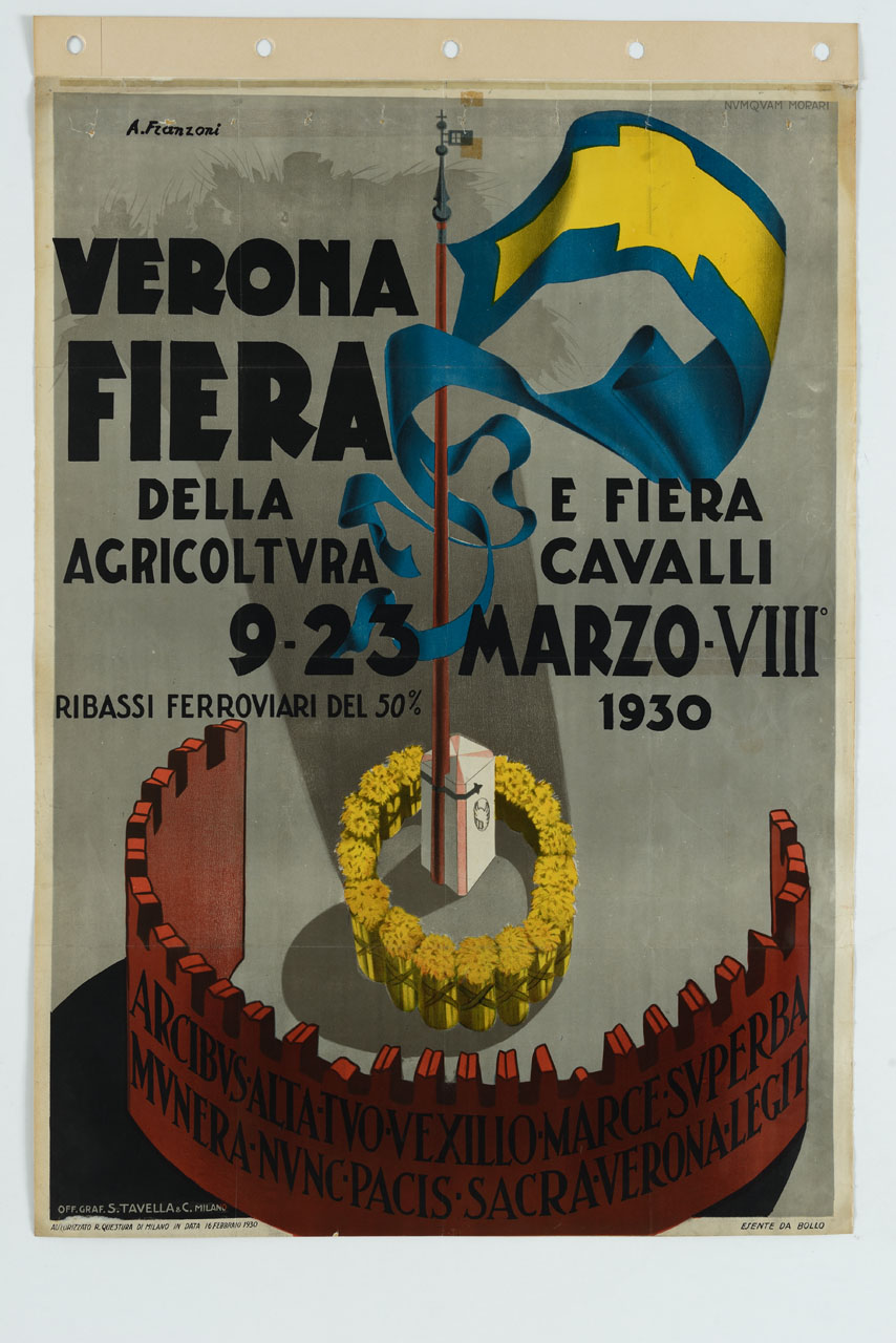 mura esterne di Verona con fasci di grano in circolo attorno ad ara fascista su cui è fissato un segnavento con la bandiera della città (manifesto) di Franzoni Roberto (sec. XX)