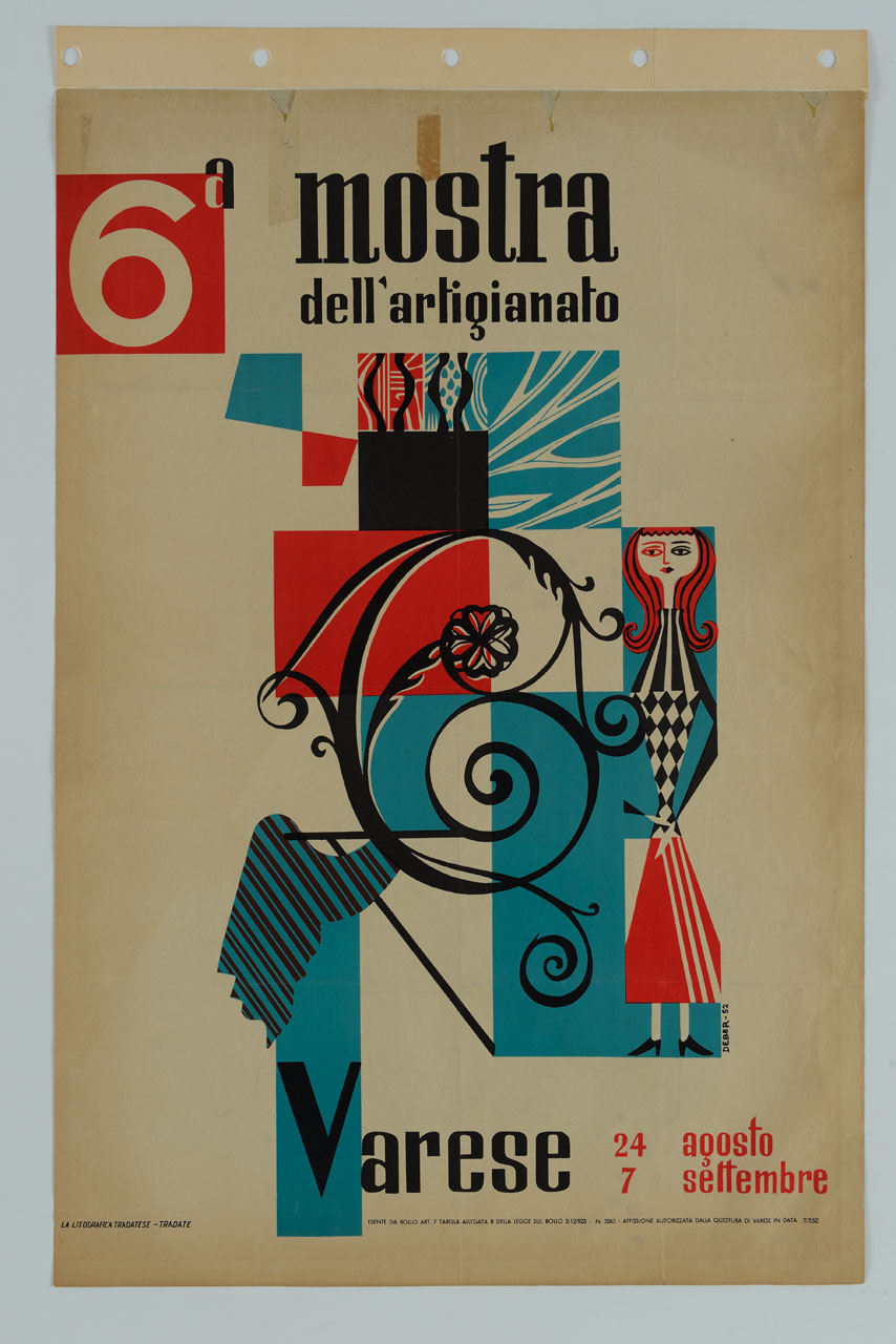 tessuto con decorazione fitomorfa, stilizzata e optical di colore azzurro, rosso e bianco, una lettera C in corsivo e una figura femminile (manifesto) di Deber (sec. XX)