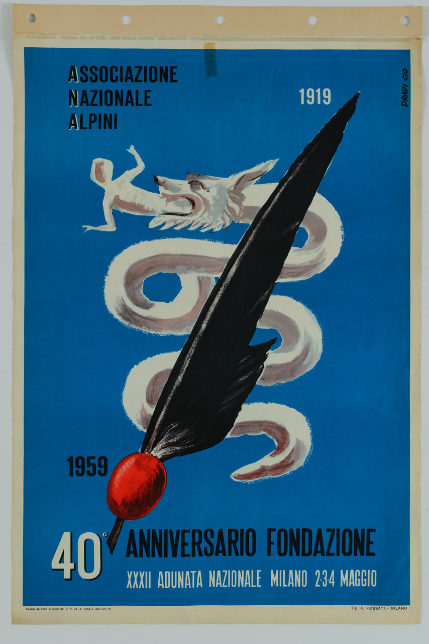 penna nera del corpo degli Alpini davanti al biscione visconteo di colore bianco (manifesto) di Dradi Giovanni (sec. XX)