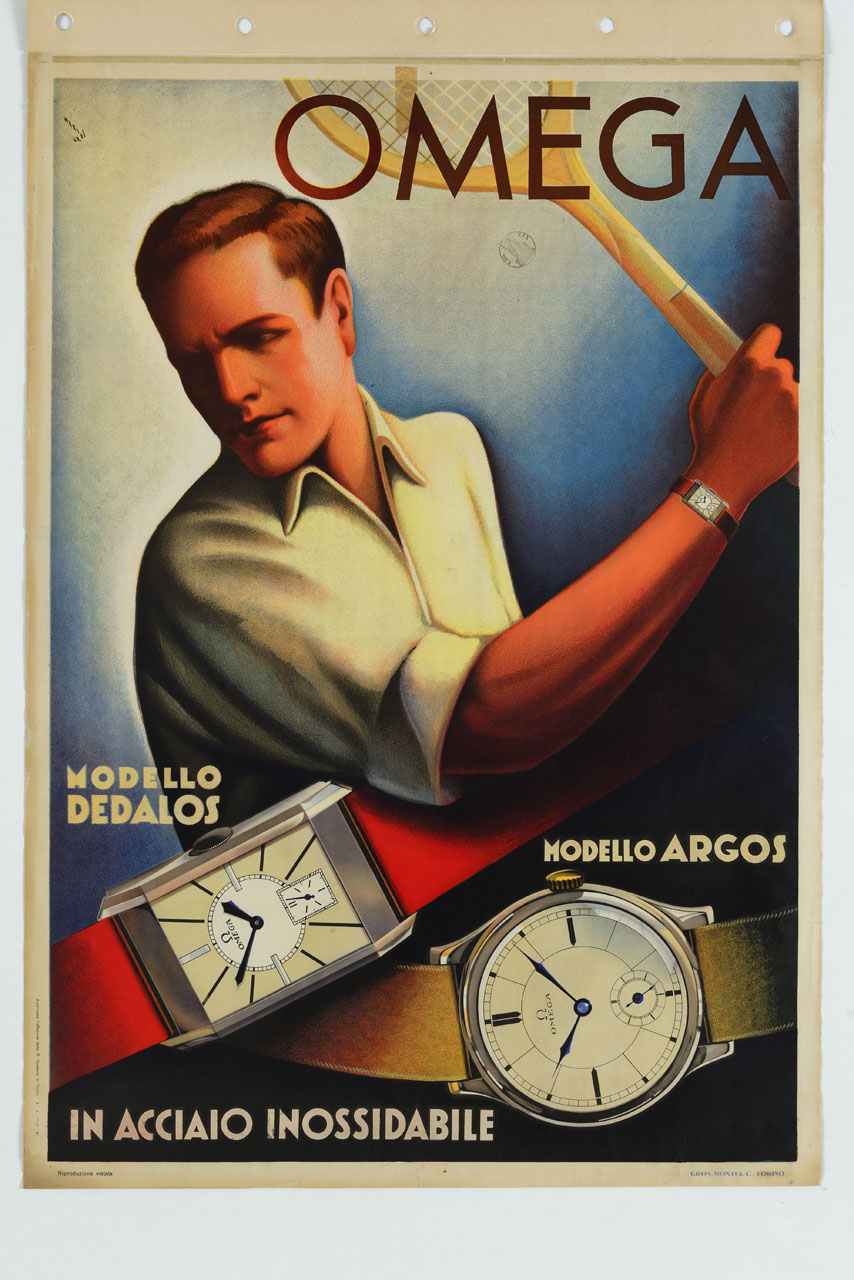 uomo con racchetta da tennis e orologio al polso; in primo piano due grandi orologi da polso (manifesto) di Gros Mario (sec. XX)
