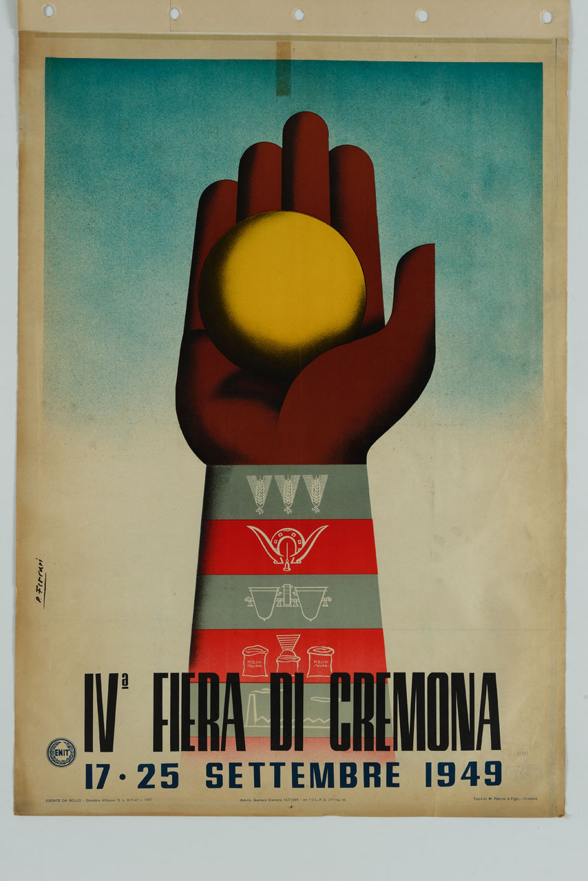 grande mano di colore regge sfera gialla; sul polso simboli di attività agricole, di allevamento e industriali (manifesto) di Ferrari Pietro (sec. XX)
