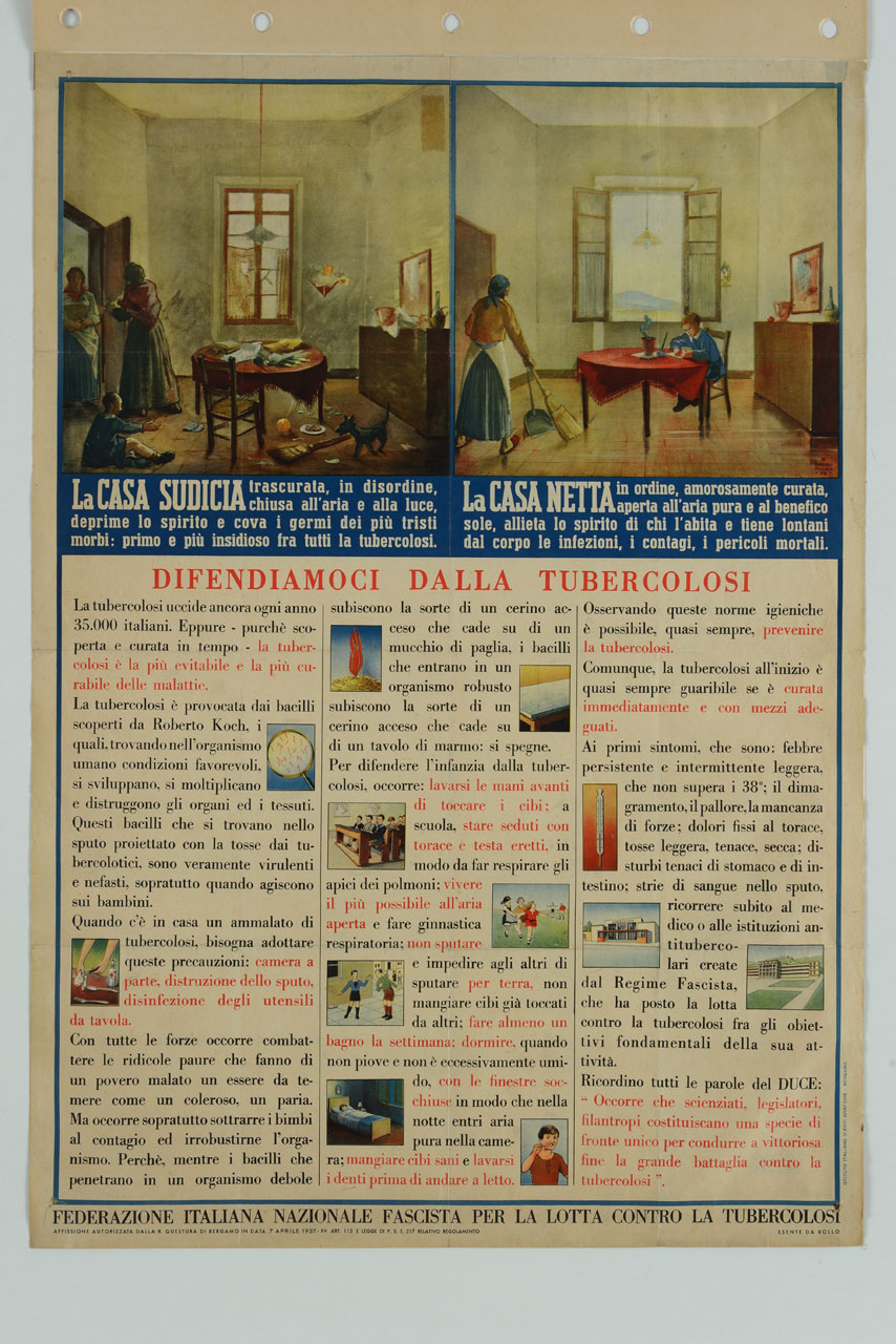 interni di case a confronto con donne e bambino. Immagini didascaliche a corredo del testo (manifesto) di Piccolo Peppino (sec. XX)