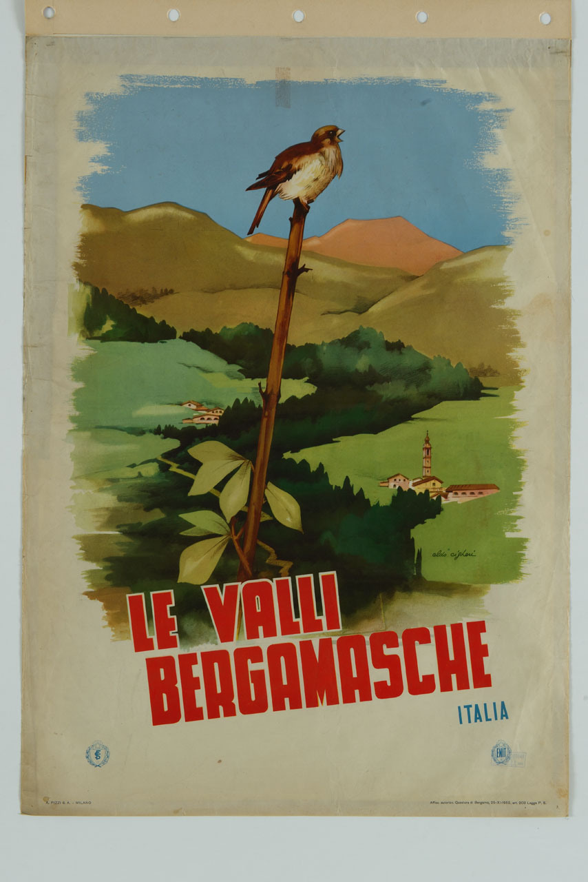 passero su ramo con vista sulle valli bergamasche (manifesto) di Cigheri Aldo (sec. XX)