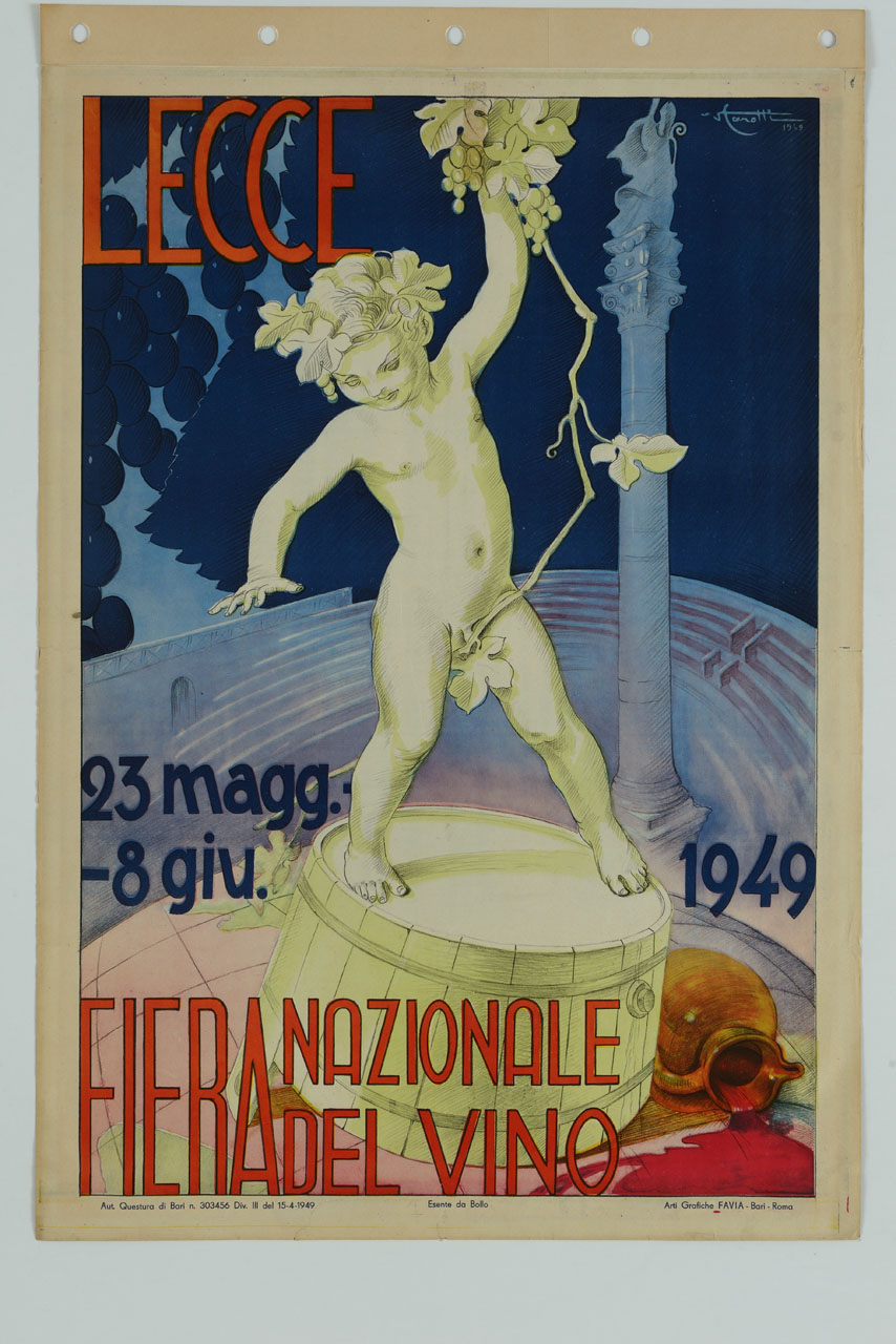 Dioniso in piedi su botte con caraffa di vino versato su globo terrestre; piazza Sant'Oronzo sul fondo (manifesto) di Carotti Virgilio (sec. XX)