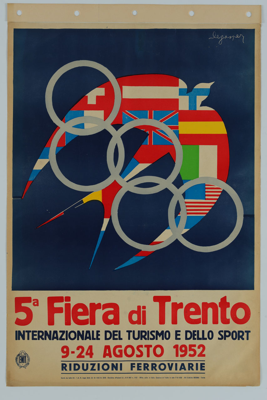 i cinque cerchi olimpici sovrapposti ad una rondine formata da bandiere internazionali (manifesto) di Degasperi Mario (sec. XX)