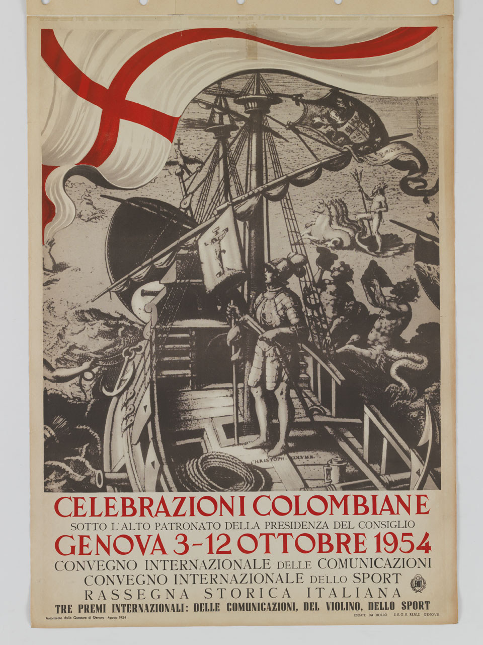 illustrazione con Cristoforo Colombo sulla Santa Maria in mezzo al mare (manifesto) di Viora F (sec. XX)