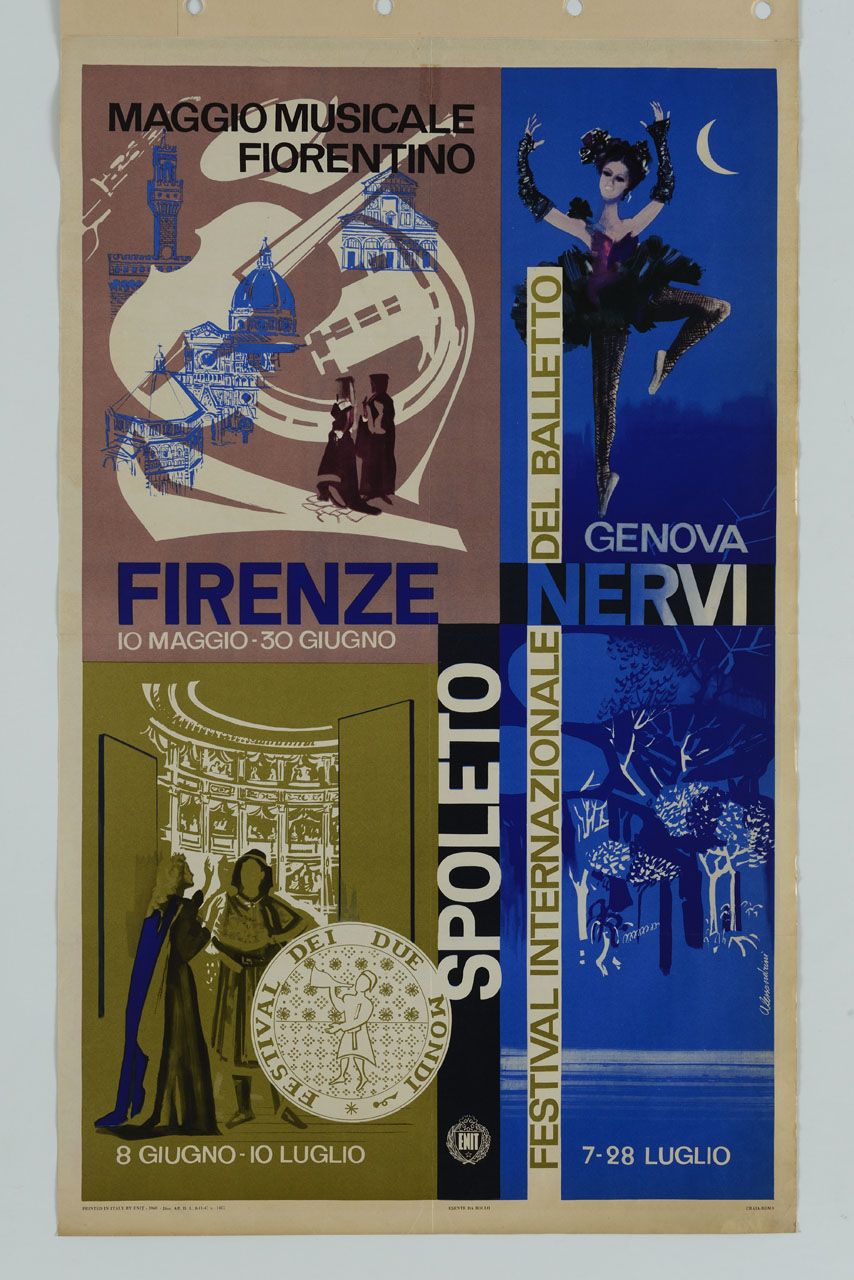 uomo e donna in abiti d'epoca con monumenti di Firenze e strumenti musicali ; ballerina sulle punte con mezzaluna e alberi; attori sulla scena del teatro di Spoleto (manifesto) di Alessandrini Gino (sec. XX)
