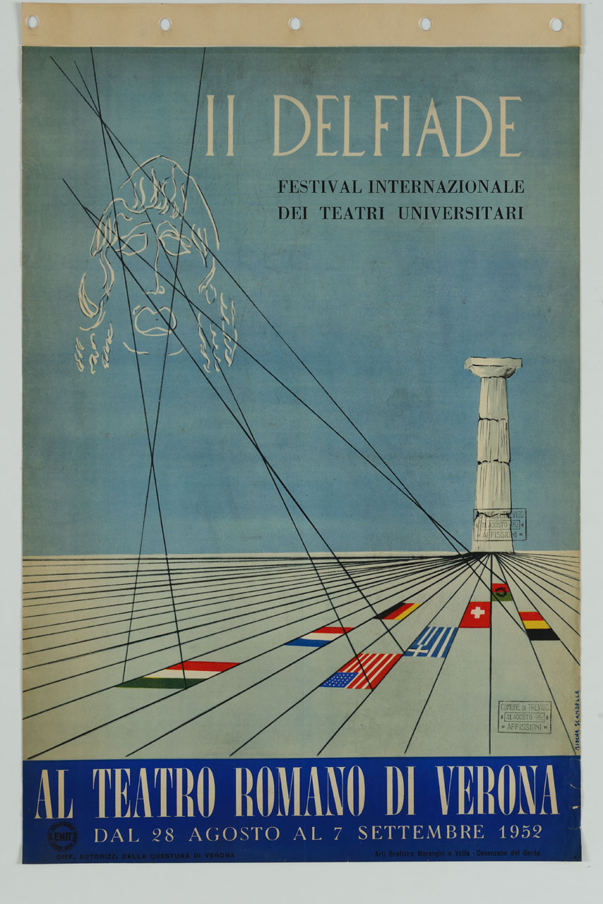 maschera tragica inserita in una scenografia metafisica con colonna dorica (manifesto) di Scandella Mischa (sec. XX)