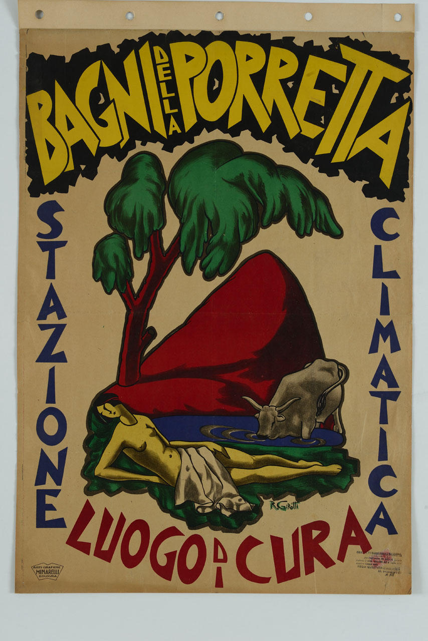 bagnante coperta da drappo adagiata sulle rive di un fiume con mucca, montagna e albero (manifesto) di Girotti Romolo (sec. XX)