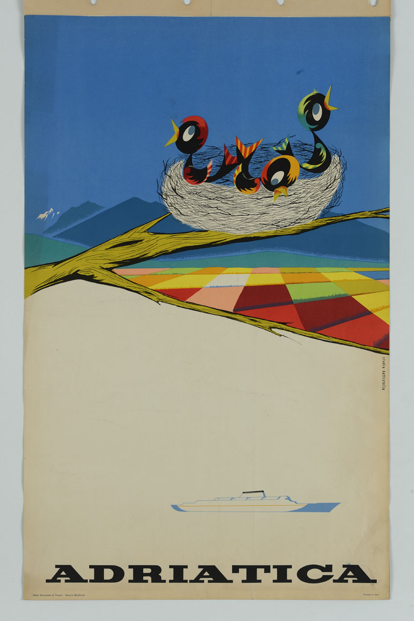 nido con uccellini su ramo sopra campi colorati e imbarcazione bianca, montagne sul fondo (manifesto) di Battistella Angelo (sec. XX)