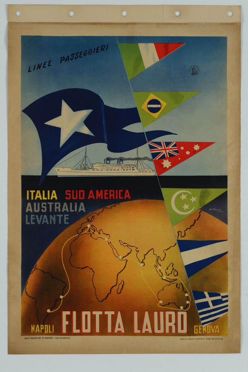 transatlantico in mare con globo terrestre e bandiere (manifesto) di d'Alma - ambito italiano (sec. XX)