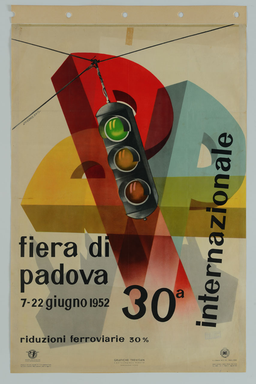tre lettere P intrecciate, una gialla, una rossa e una azzurra, intercettano i fili di un semaforo acceso sulla luce verde e proiettano un'ombra (manifesto) di Effervescenti Eleuterio (sec. XX)