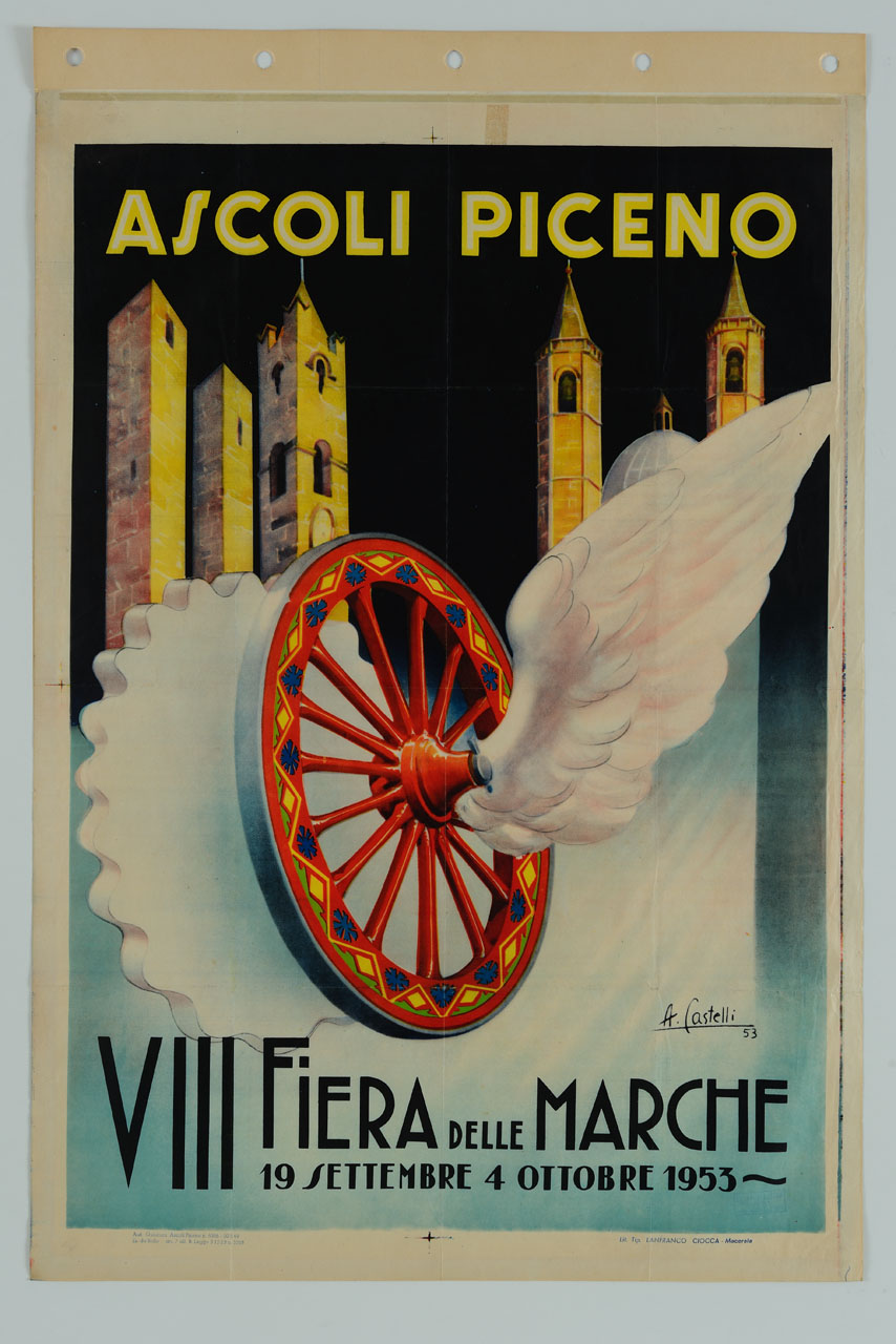 ruota di biroccio marchigiana finemente decorata con ala bianca sulla destra e ruota dentellata sulla sinistra; sullo sfondo le torri gemelle; la torre meralta di Palazzo dei Capitani e campanili e cupola della Chiesa di San Francesco (manifesto) di Castelli Aldo (sec. XX)