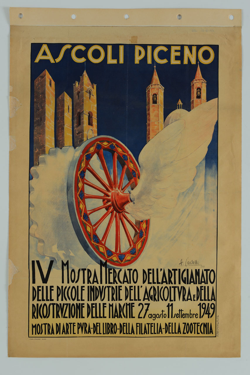 ruota di biroccio marchigiana finemente decorata con ala bianca sulla destra e ruota dentellata sulla sinistra; sullo sfondo le torri gemelle; la torre meralta di palazzo dei Capitani e campanili e cupola della chiesa di San Francesco (manifesto) di Castelli Aldo (sec. XX)