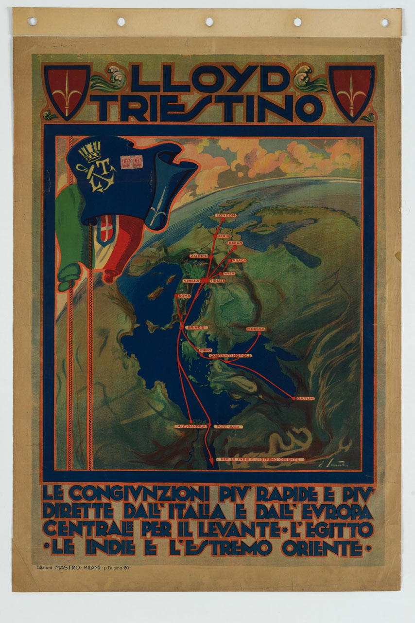 veduta dall'alto della Terra con rotte di navigazione e bandiere italiana e della Lloyd Triestino (manifesto) - ambito italiano (sec. XX)