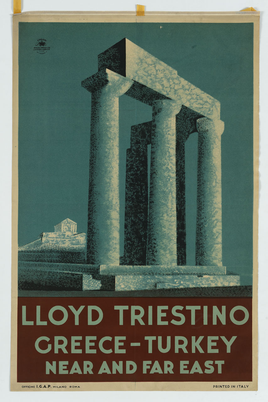 resti archeologici di colonnato dorico con tempio sullo sfondo (manifesto) - ambito italiano (sec. XX)