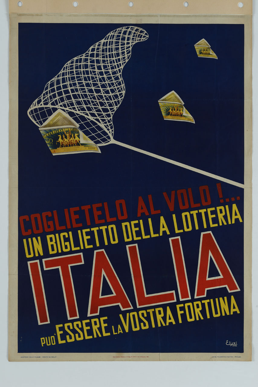 un retino acchiappafarfalle centra uno dei biglietti della Lotteria Italia che cadono dall'alto (manifesto) di Elisei - ambito italiano (sec. XX)