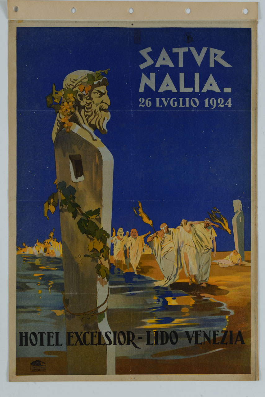 statua di un dio con pampini e grappoli di uva immersa nel mare con una processione notturna di figure vestite alla romana (manifesto) - ambito italiano (sec. XX)