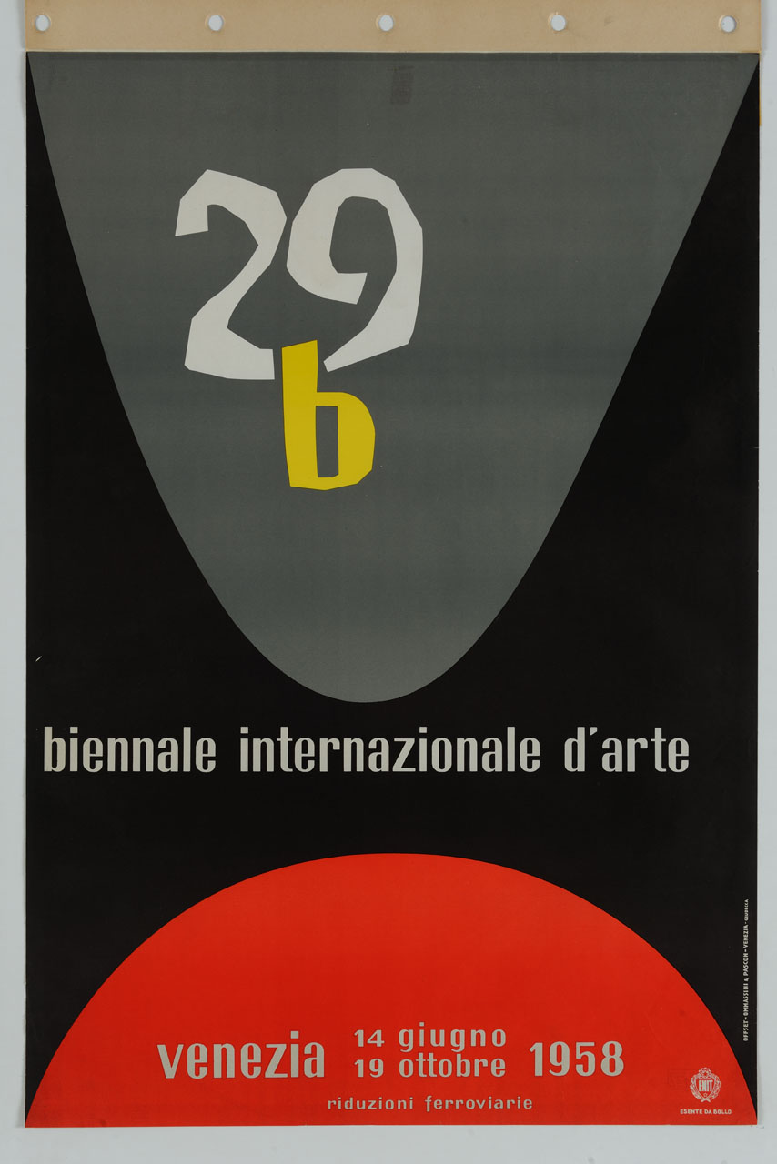 figura geometrica ovale grigia sovrasta una figura geometrica circolare rossa su fondo nero (manifesto) - ambito italiano (sec. XX)