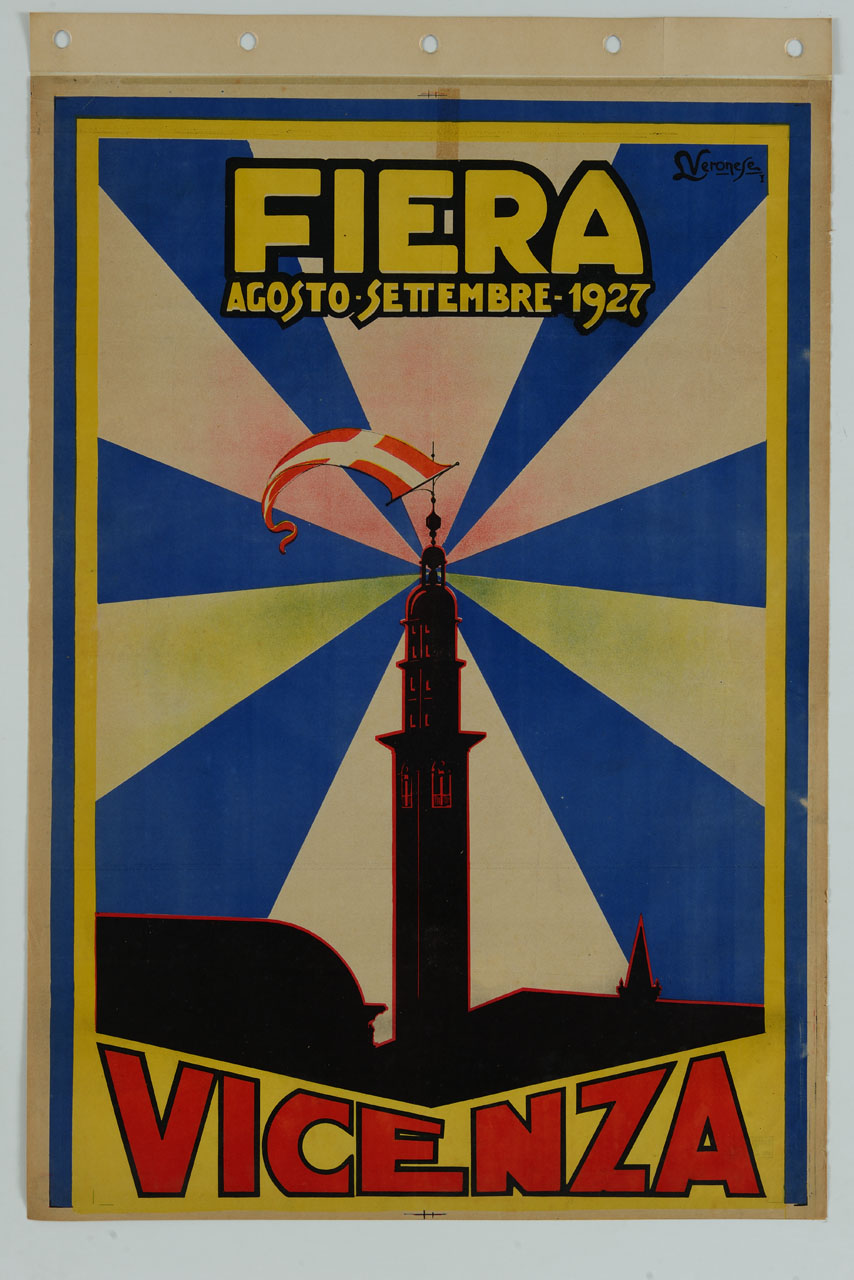 torre Bissara di Vicenza con stendardo cittadino sventolante contro un cielo a spicchi (manifesto) di Veronesi Luigi (sec. XX)