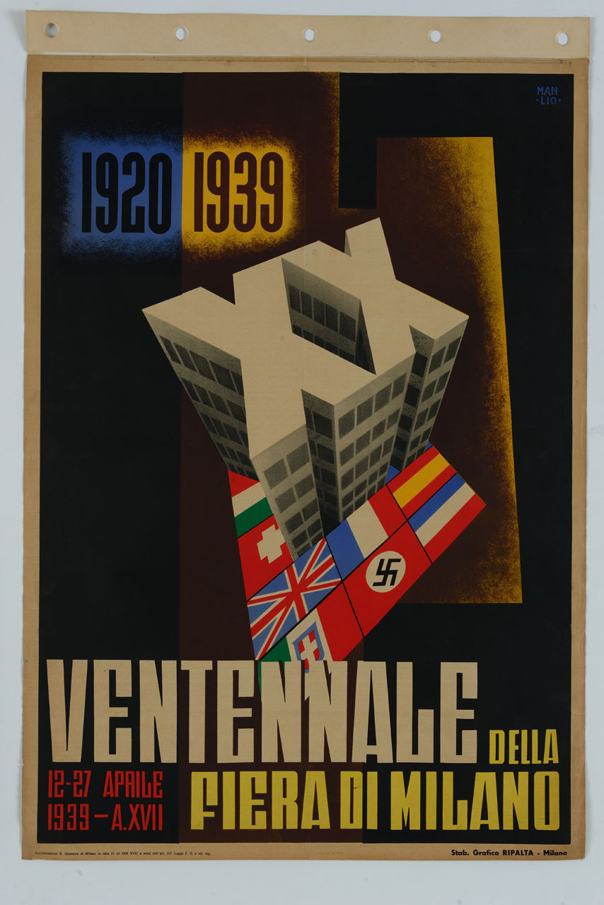 due grattacieli dalla pianta XX su un basamento di bandiere si stagliano contro un fascio littorio (manifesto) di Parrini Manlio (sec. XX)