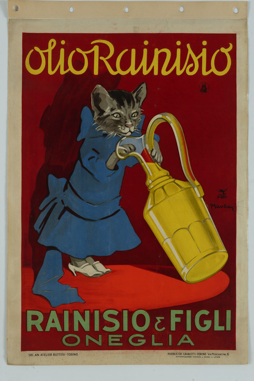 una gattina in abito blu e scarpette col tacco inclina un'ampolla d'olio per immergere una zampa (manifesto) di Manca Giovanni (sec. XX)