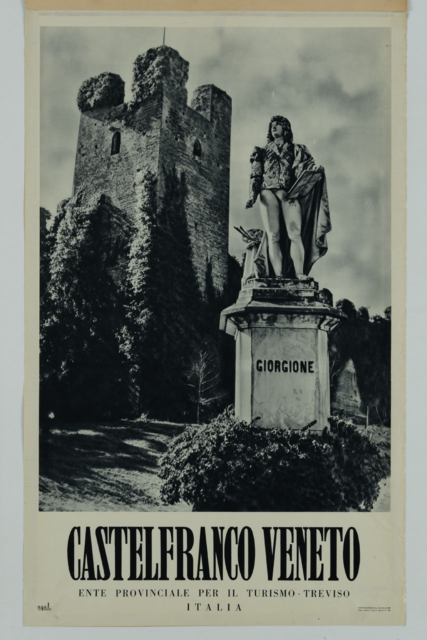 statua di Giorgione nei pressi delle mura e del castello di Castelfranco Veneto (manifesto) - ambito italiano (sec. XX)