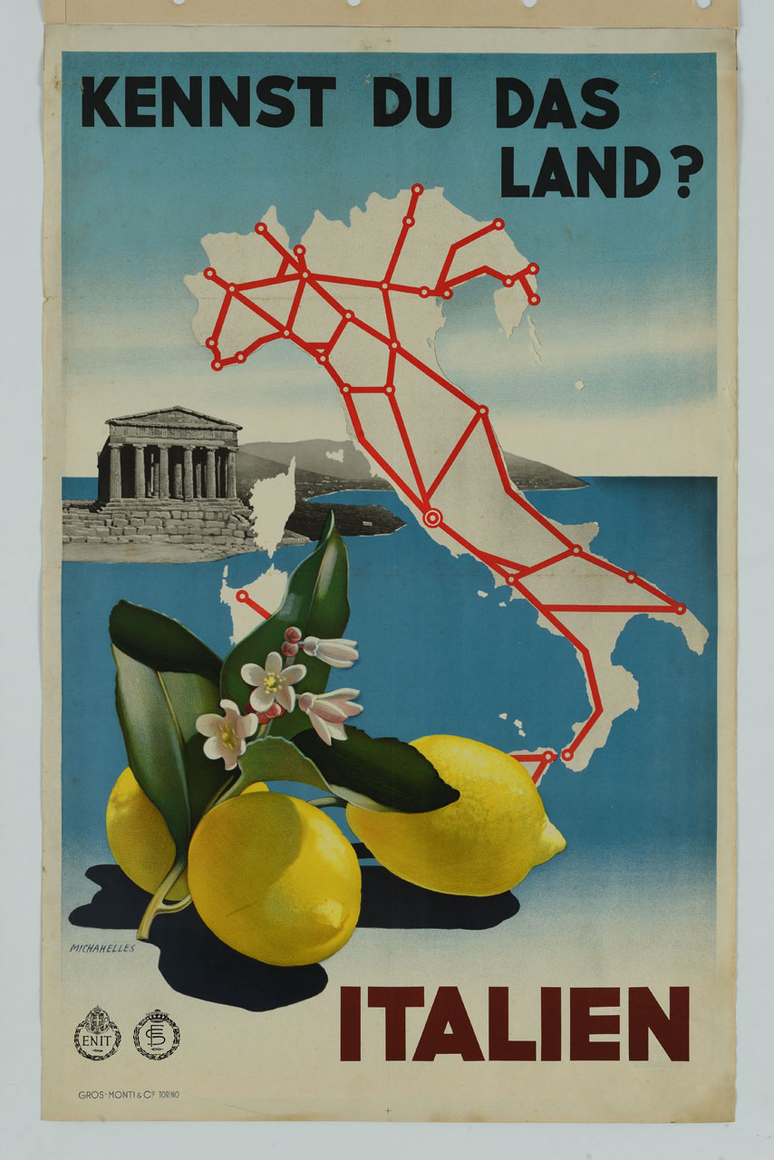 carta geografica dell'Italia con rete ferroviaria, una tempio, la costa e un ramo con fiori e limoni (manifesto) di Michahelles Ruggero Alfredo detto RAM (sec. XX)