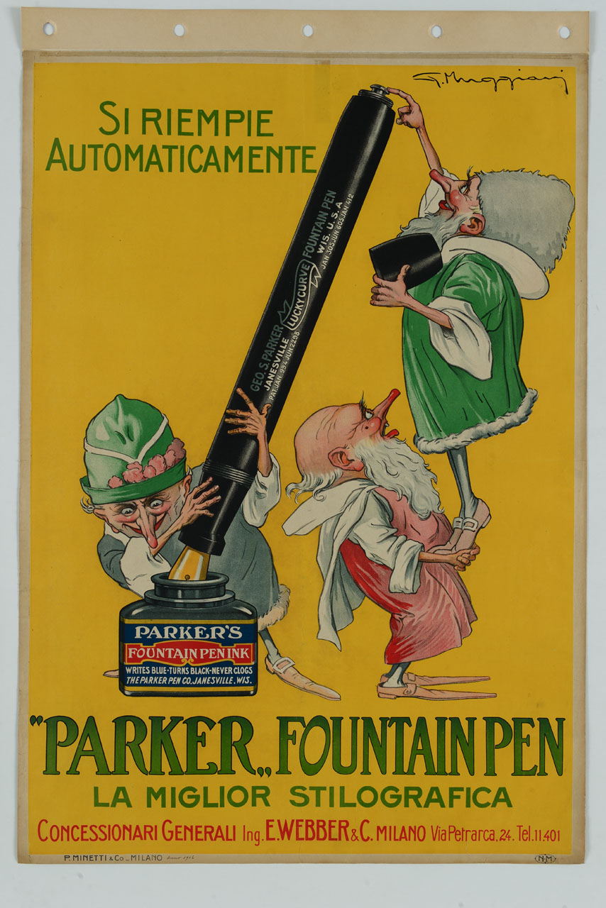 tre gnomi intingono una penna nella bottiglietta dell'inchiostro tenendo chiuso l'estremo senza pennino (manifesto) di Muggiani Giorgio (sec. XX)