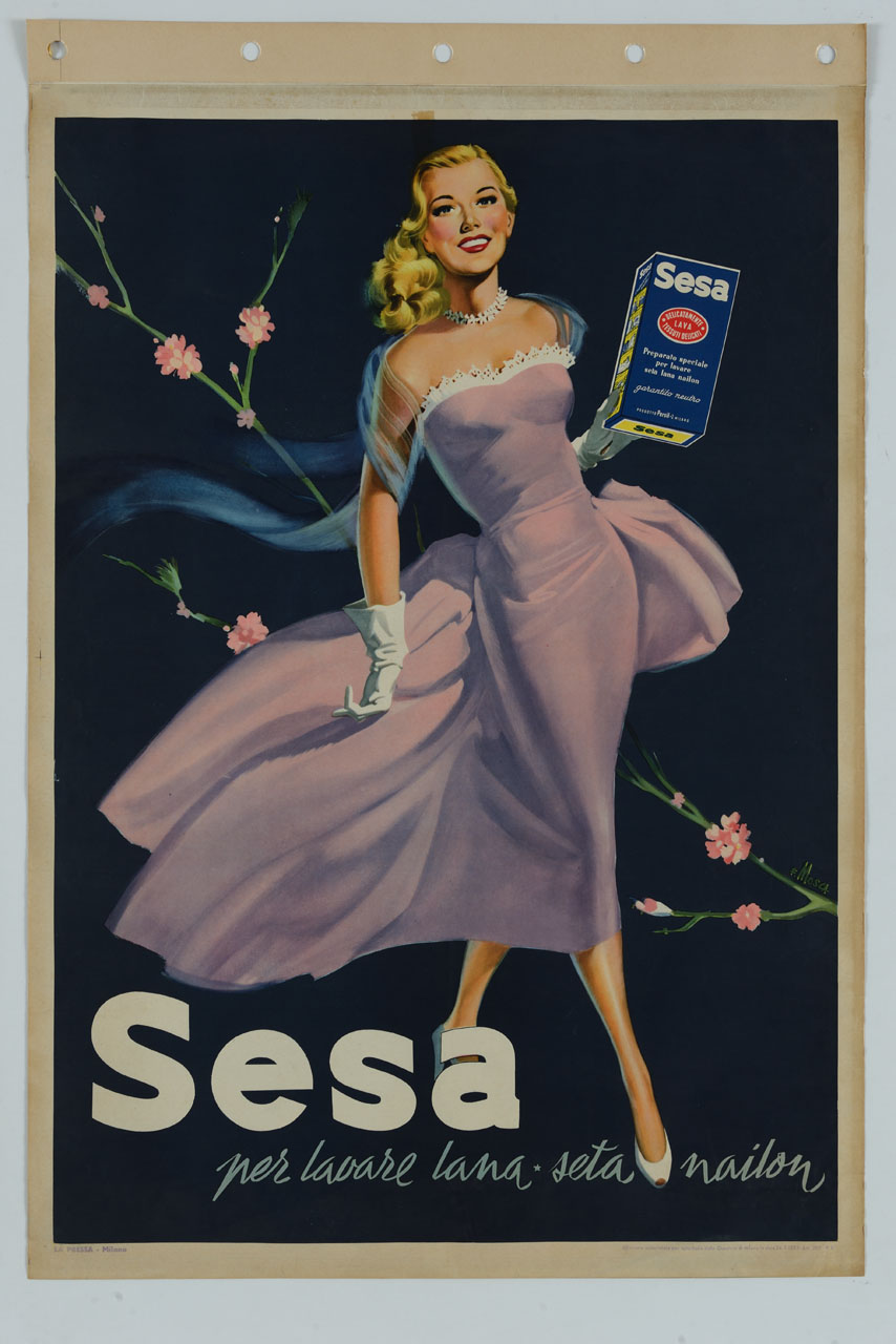 donna in abito da sera e guanti tiene in mano una scatola di detersivo; sullo sfondo un ramoscello fiorito (manifesto) di Mosca Franco (sec. XX)