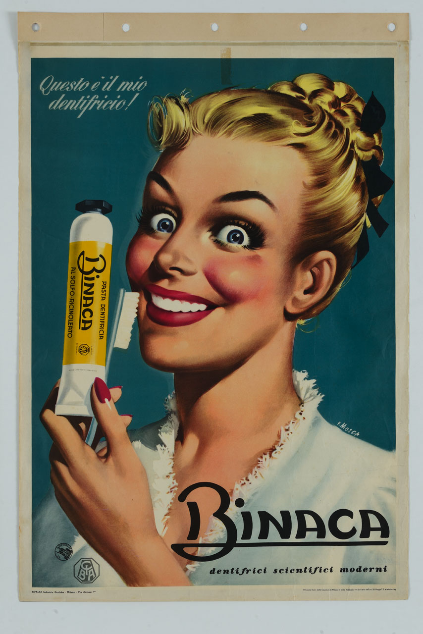donna sorridente mostra tubetto di dentifricio e spazzolino (manifesto) di Mosca Franco (sec. XX)