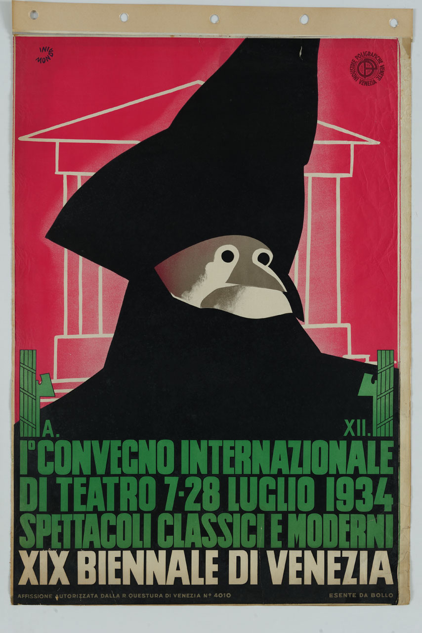 maschera veneziana con cappello a tricorno, disegno di un tempio classico e fasci littori (manifesto) di Mondaini Giacinto (sec. XX)