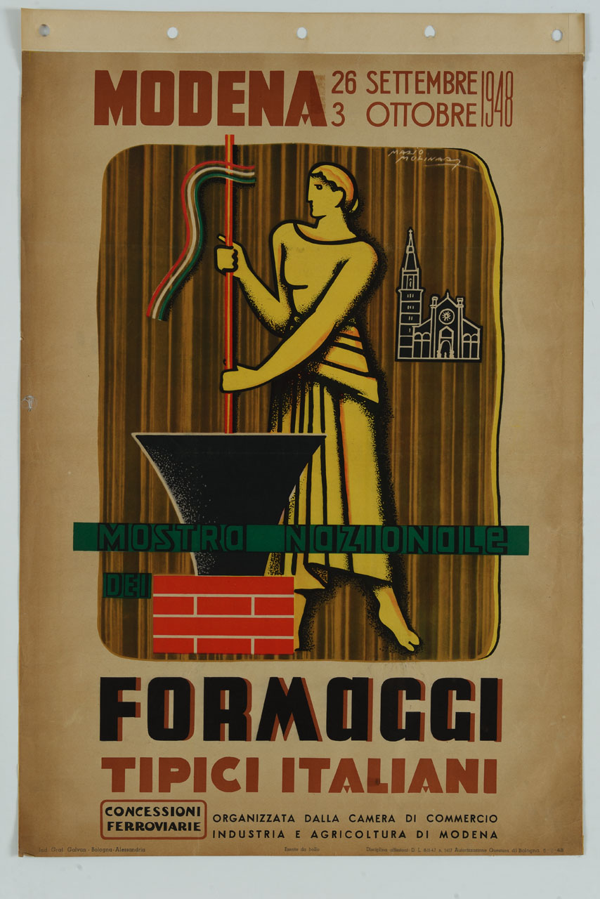 figura femminile con peplo mescola con un'asta con vessillo tricolore in un paiolo poggiato su mattoni; sullo sfondo il duomo di Modena (manifesto) di Molinari Mario (sec. XX)