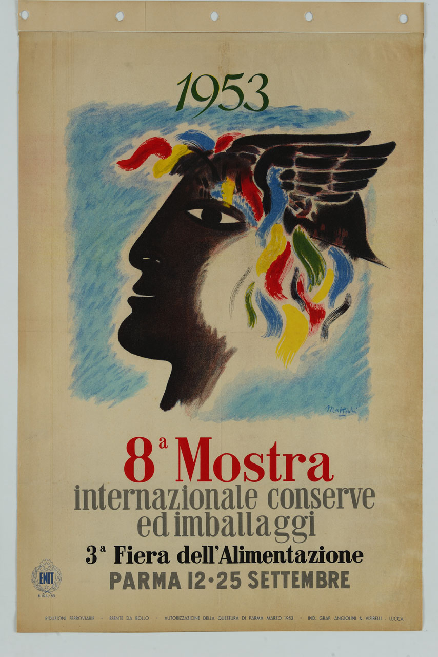 testa con capelli colorati e copricapo alato (manifesto) di Mattioli Carlo (sec. XX)