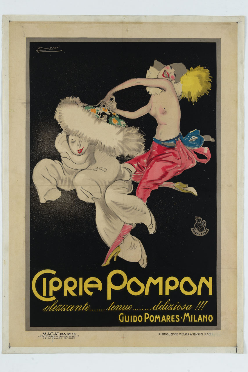 clown donna in topless spolvera con un piumino un pierrot (manifesto) di Mauzan Achille Luciano (sec. XX)