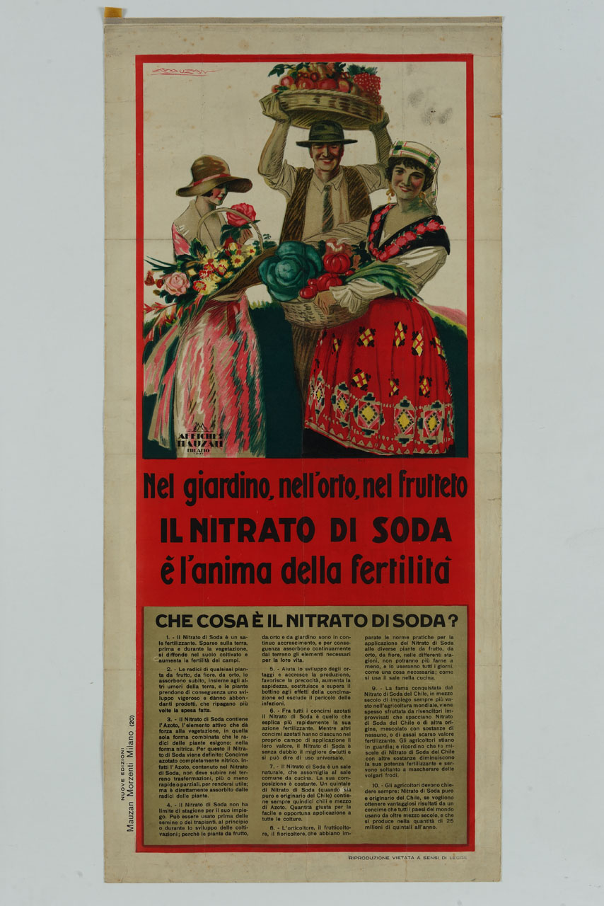 una giovane donna elegante con cappello larga tesa, reca un cesto pieno di fiori; accanto a lei un uomo con cappello e gilet, tiene a braccia alzate un cesto di frutta mentre, in primo piano, una giovane contadina, mostra un canestro di verdura (manifesto) di Mauzan Achille Luciano (sec. XX)