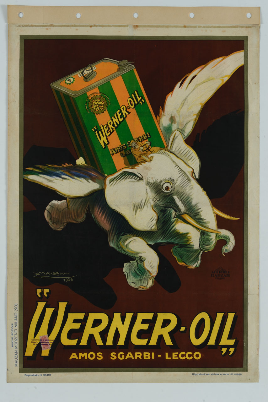 elefante che vola tenendo sulla testa un minuscolo autista e una latta di olio (manifesto) di Mauzan Achille Luciano (sec. XX)