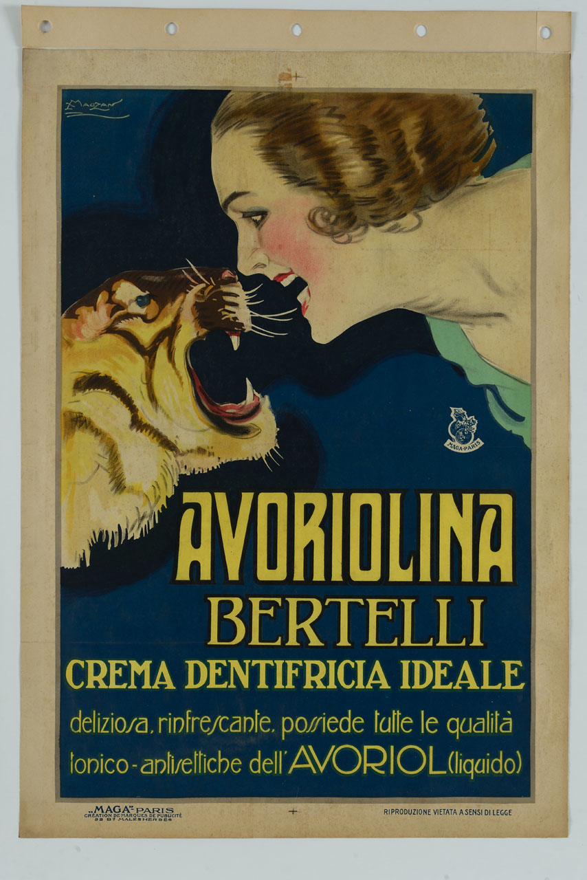 figura femminile mostra i denti a una tigre digrignante le fauci (manifesto) di Mauzan Achille Luciano (sec. XX)