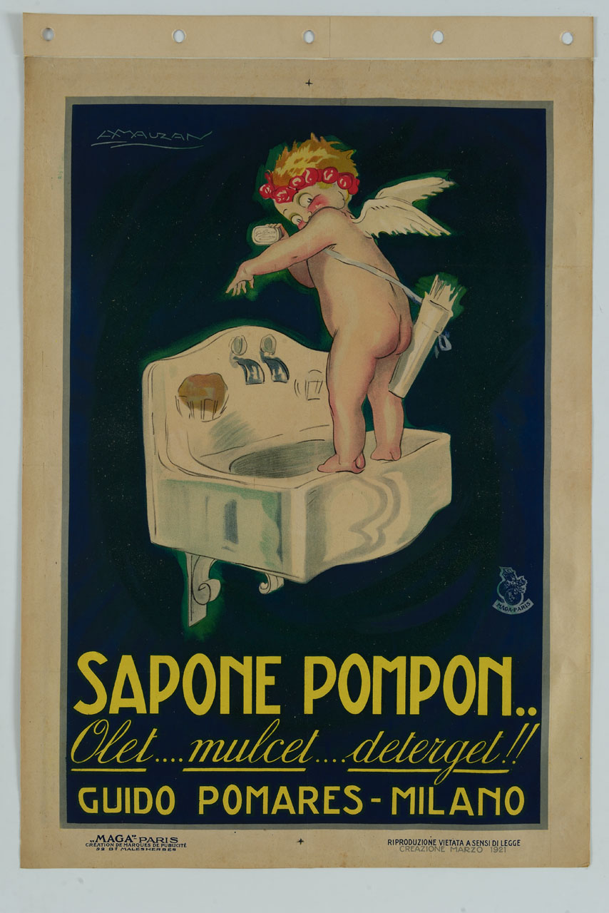 Cupido con alette e faretra si lava con sapone in piedi sul bordo di un lavabo (manifesto) di Mauzan Achille Luciano (sec. XX)