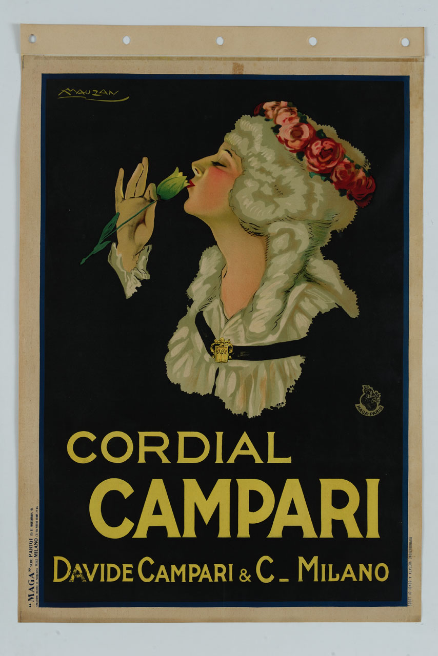 dama in abiti settecenteschi avvicina un fiore alle labbra (manifesto) di Mauzan Achille Luciano (sec. XX)