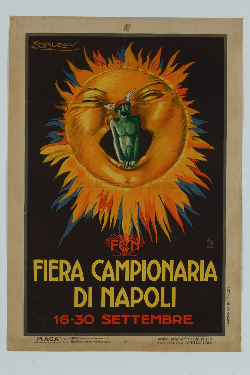 il dio Mercurio con pelle verde e cappello alato esce dalla bocca di un grande sole dai raggi gialli rossi e blu (manifesto) di Mauzan Achille Luciano (sec. XX)