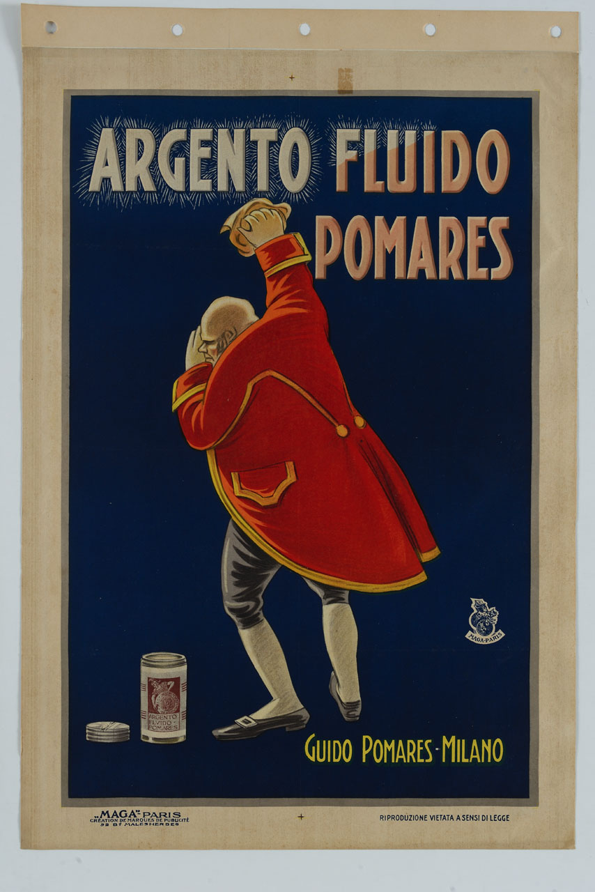 valletto lucida con un panno l'iscrizione del titolo facendola brillare (manifesto) - ambito italiano (sec. XX)