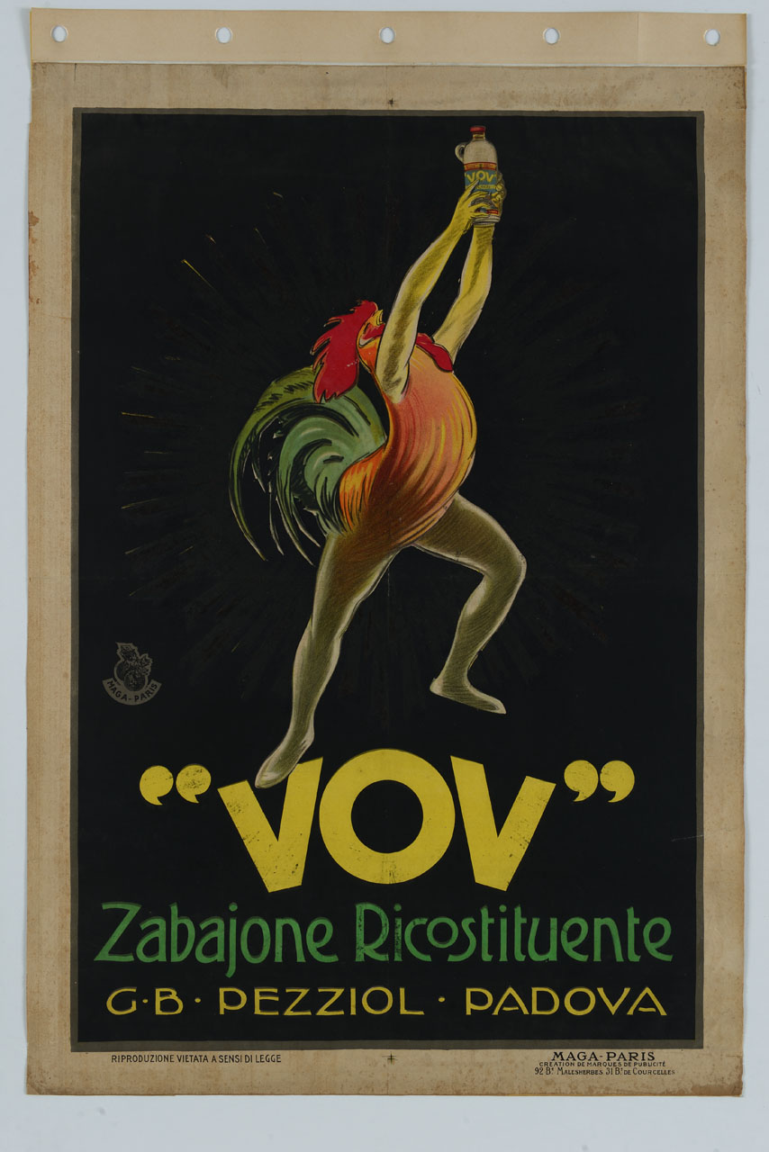gallo con gambe umane che solleva una bottiglia (manifesto) - ambito italiano (sec. XX)