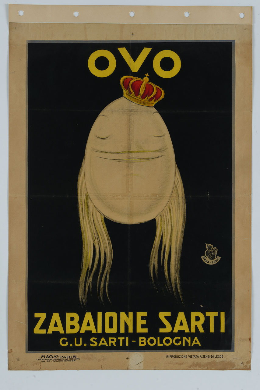uovo antropomorfizzato con corona sulla sommità e capelli lunghi biondi (manifesto) - ambito italiano (sec. XX)