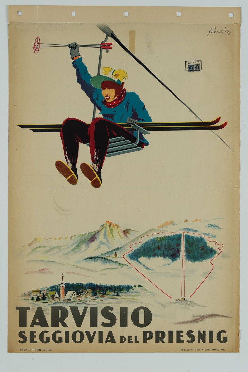 sciatore trionfante sulla seggiovia mentre sorvola Tarvisio e le montagne circostanti su cui è disegnato il tracciato delle piste da sci (manifesto) di Merlo Aldo (sec. XX)