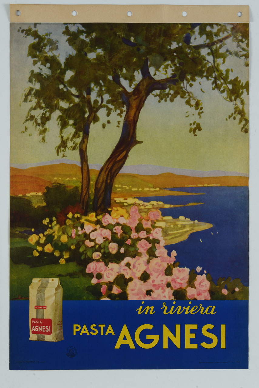 paesaggio costiero con albero e fiori in primo piano (manifesto) di Metlicovitz Leopoldo (sec. XX)