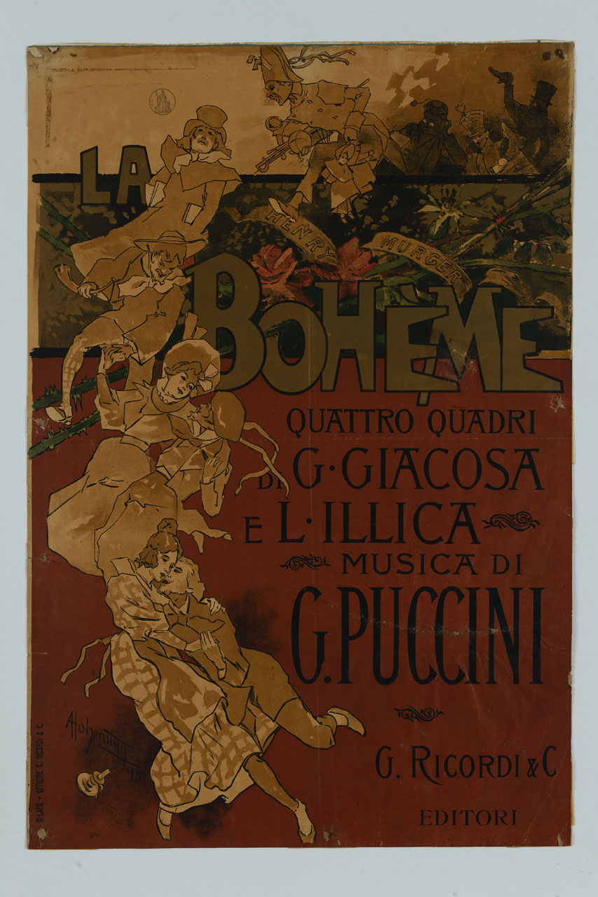 personaggi che si rincorrono in una danza davanti a uno spazio con fiori e cartiglio (manifesto) di Hohenstein Adolf (sec. XIX)