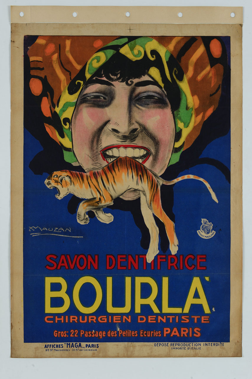 donna con turbante colorato tiene tra i denti una tigre (manifesto) di Mauzan Achille Luciano (sec. XX)