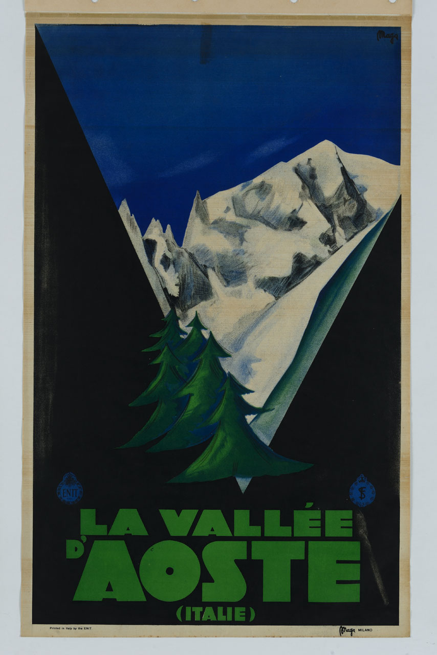 dallo scorcio di una valle con pini, veduta del Monte Bianco innevato (manifesto) di Magagnoli Giuseppe detto Maga (sec. XX)
